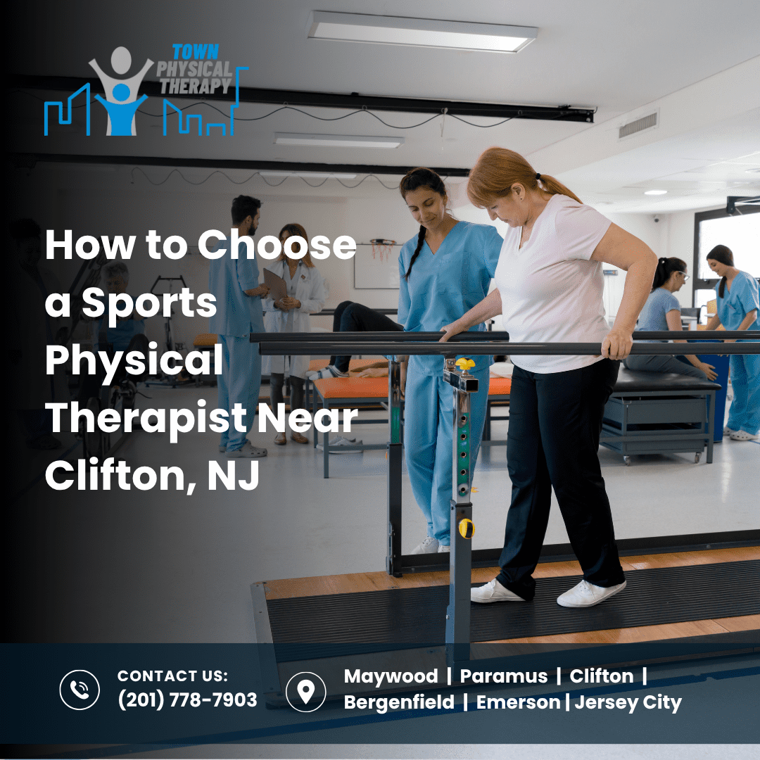 Promo banner for Town Physical Therapy: clinician assists a patient on a treadmill in a rehab clinic, with locations listed at the bottom.