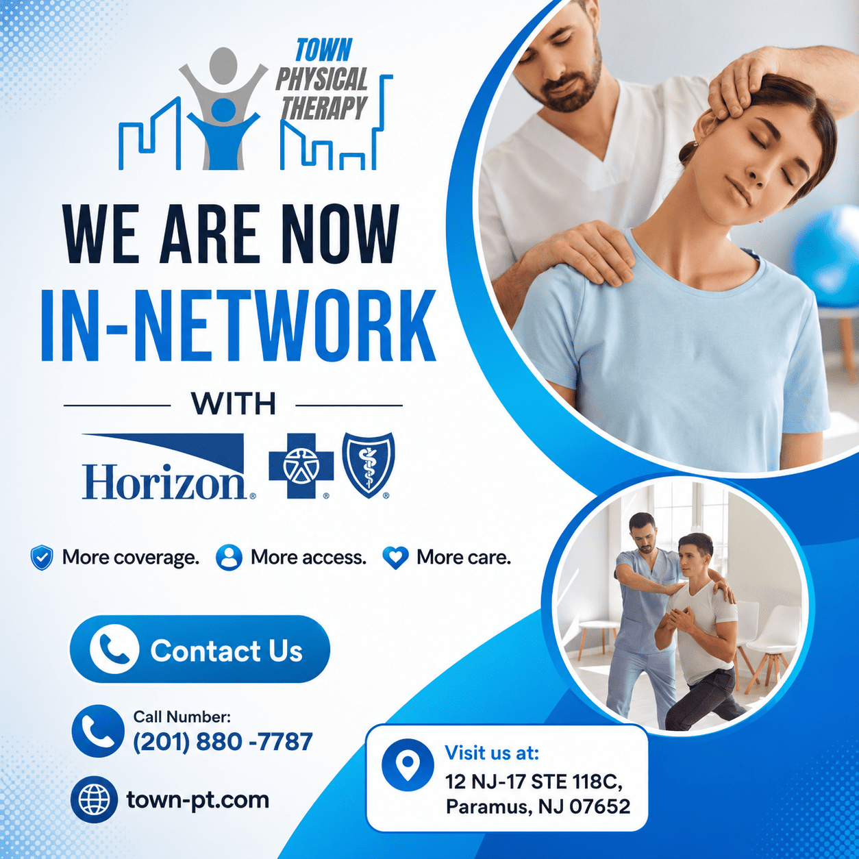 Promotional poster announcing 'We are now in-network' with Horizon and other insurers, showing a therapist examining a patient and contact info at bottom.